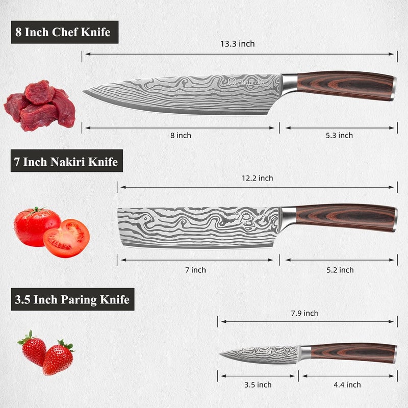 Sunnecko Kitchen Knife Set 3 Piece Chef Knife Set Professional High Carbon Stainless Steel, Sharp Kitchen Knives with Wooden Handle - Image 4